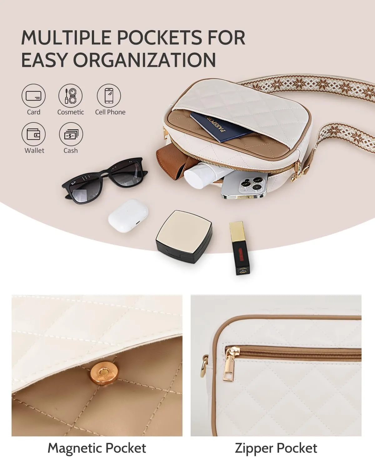 Prite Quilted Crossbody Bag for Women, Vegan Leather Handbag with Shoulder Strap, Small Purse with Card Slots