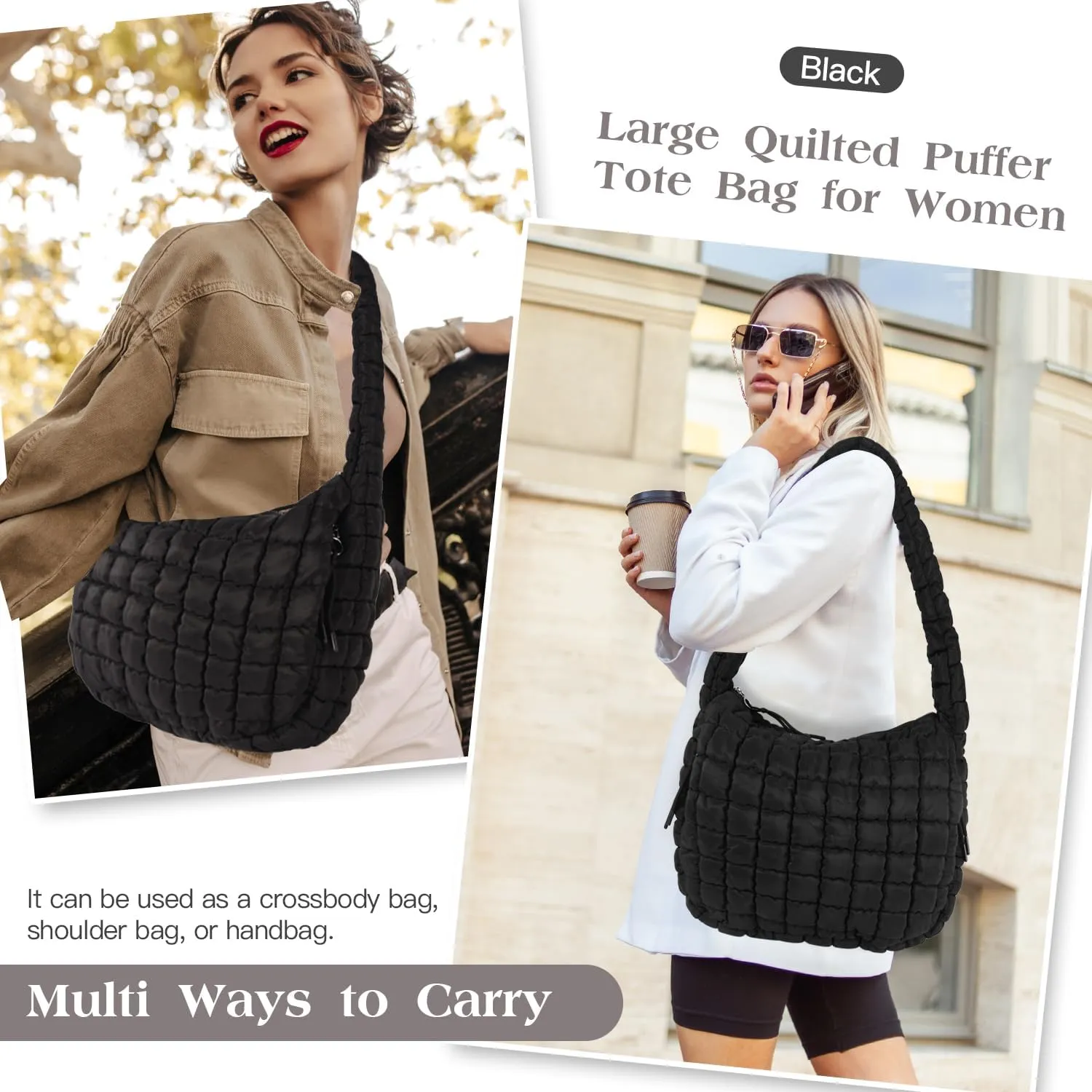 Puffer Tote Bag Large Puffy Tote Bag Quilted Tote Bag Soft Quilted Crossbody Bag Carryall Hobo Handbags for Women Girl