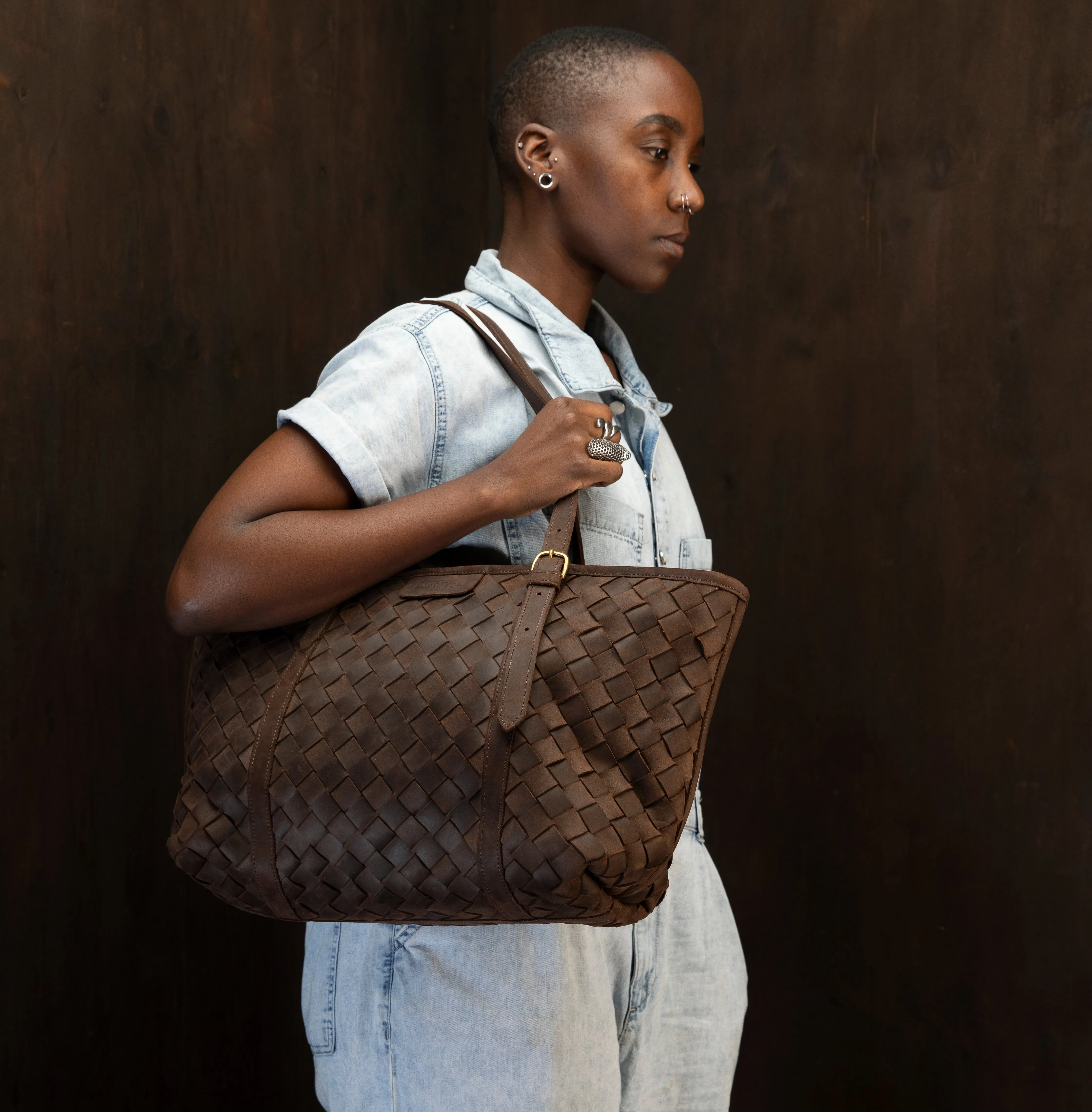 Pull-up Leather Woven Tote