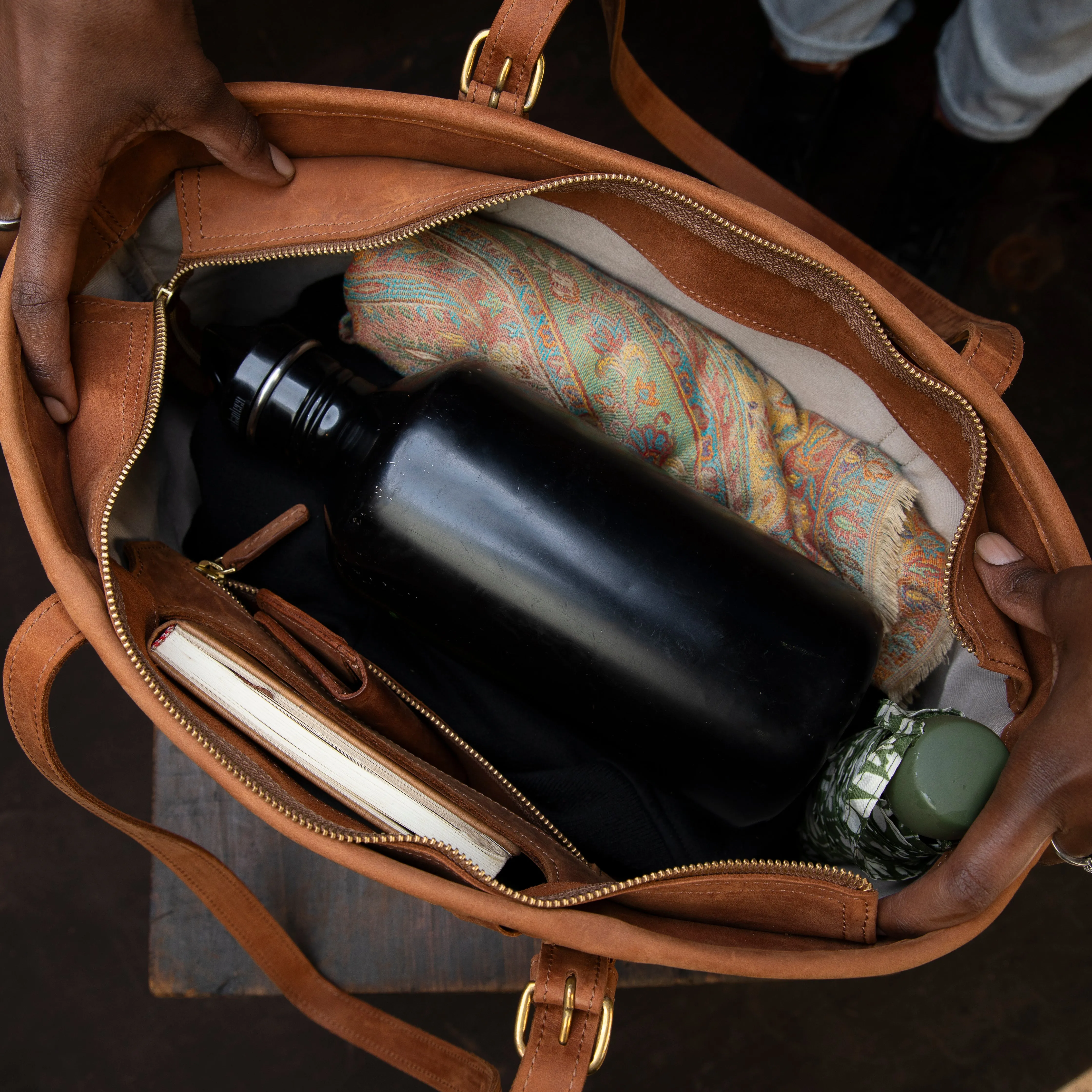 Pull-up Leather Woven Tote