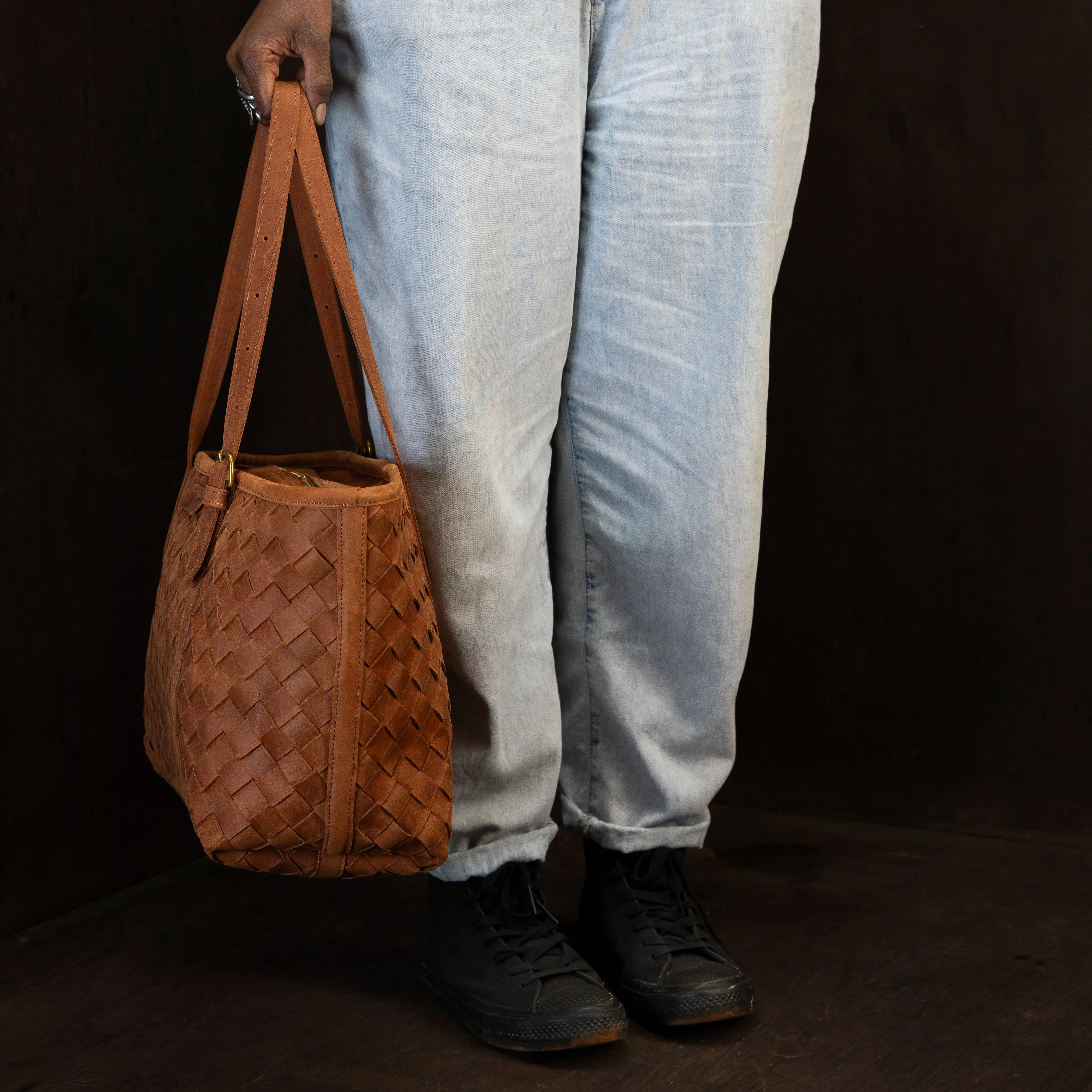 Pull-up Leather Woven Tote