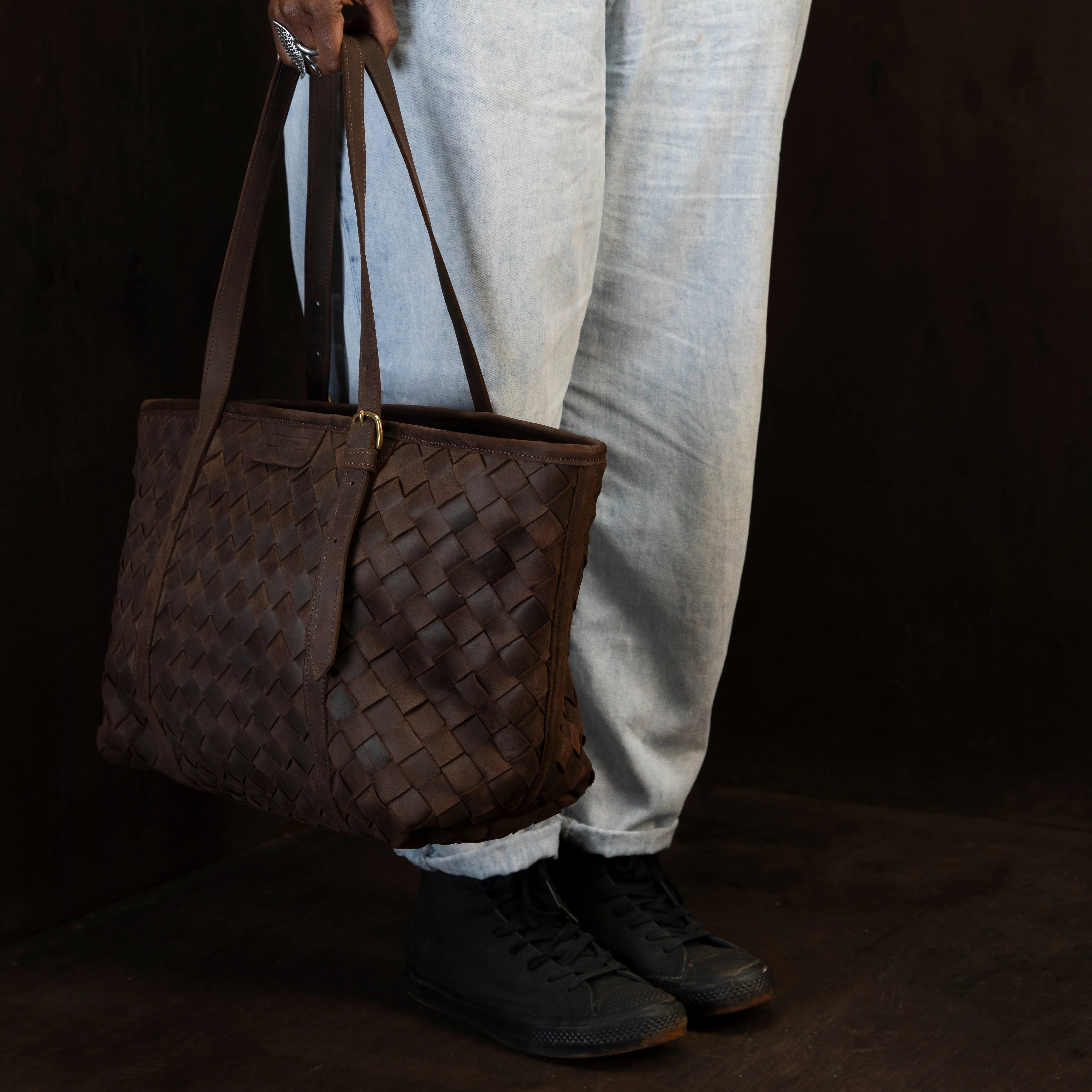 Pull-up Leather Woven Tote