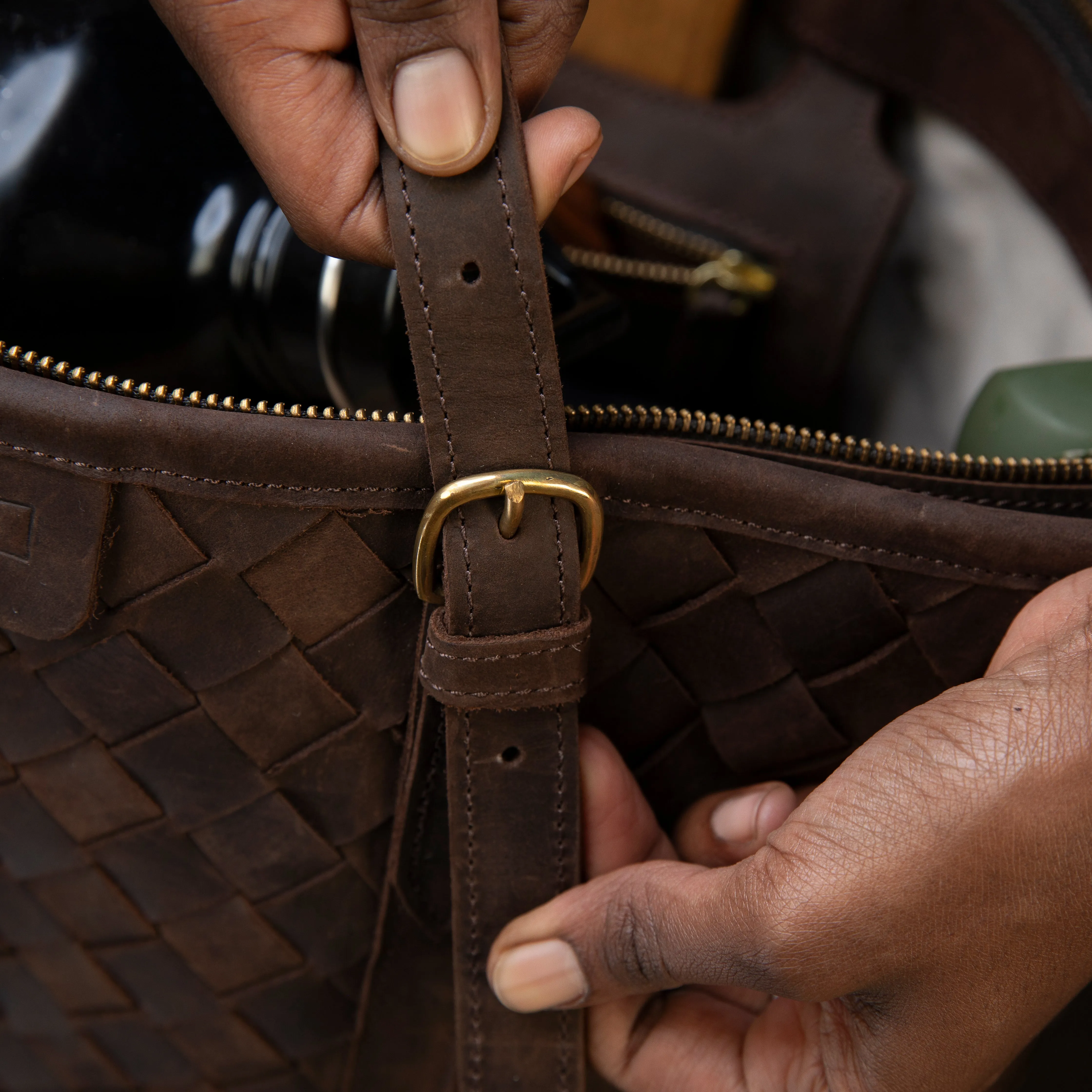 Pull-up Leather Woven Tote