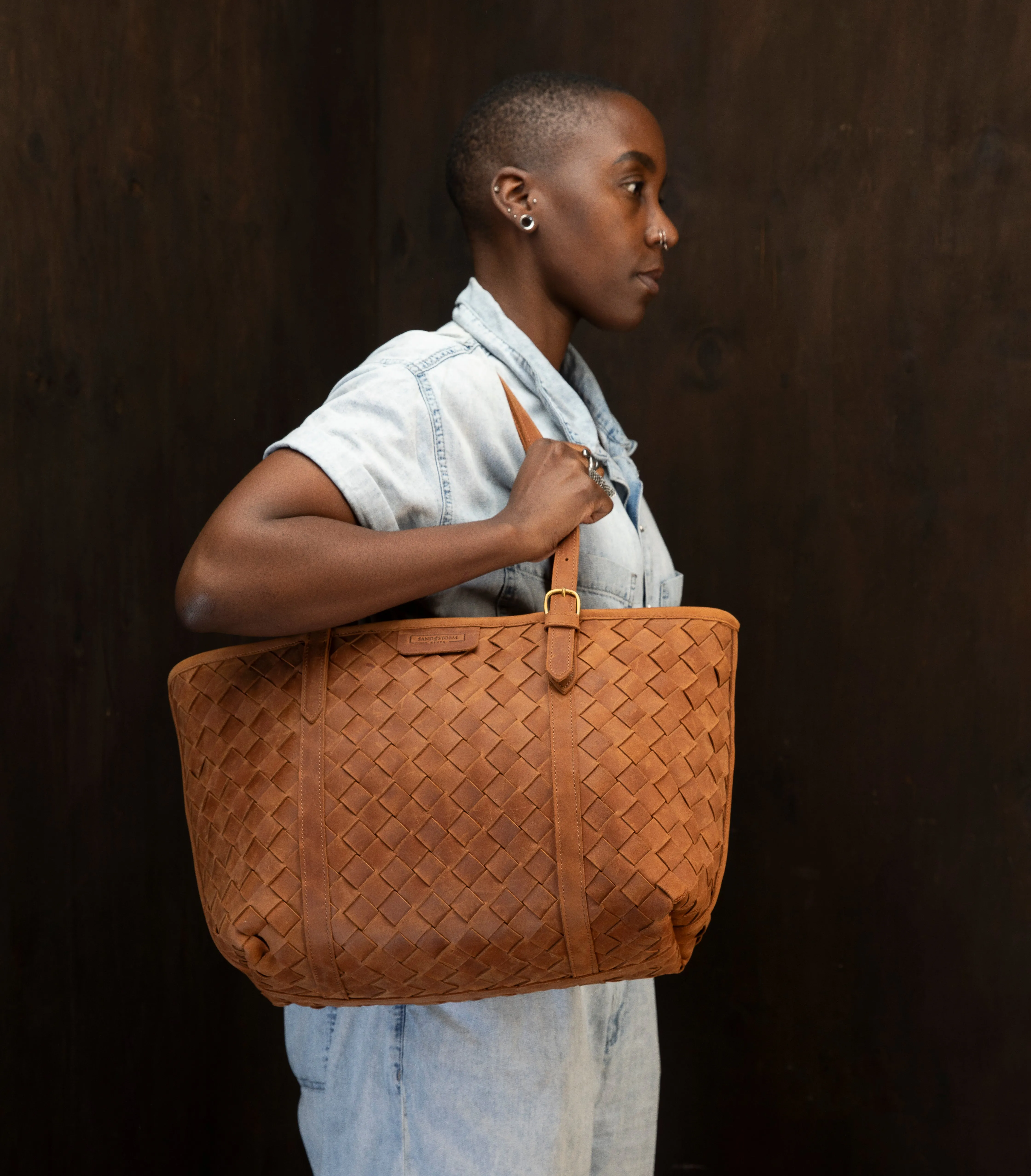 Pull-up Leather Woven Tote