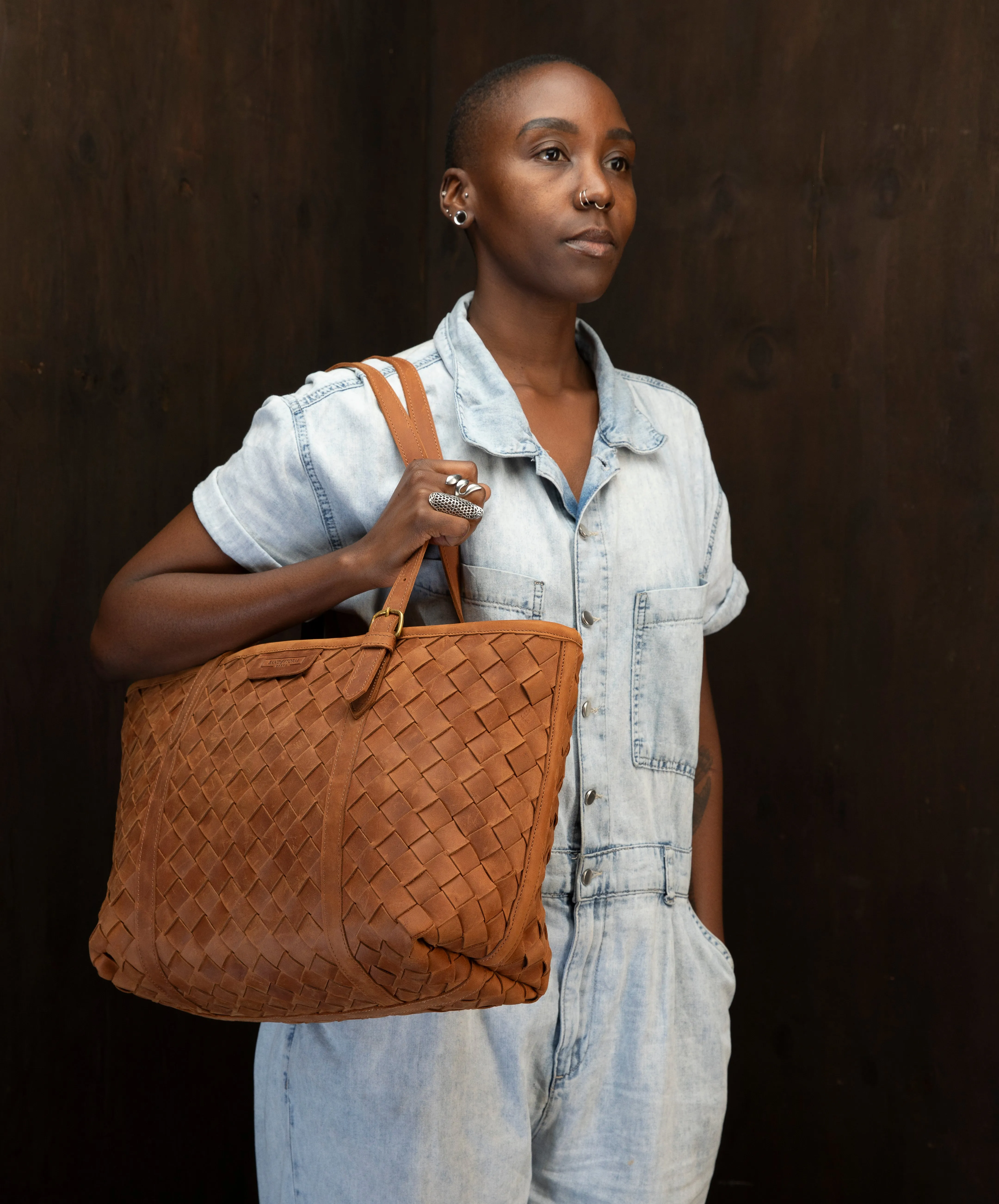 Pull-up Leather Woven Tote