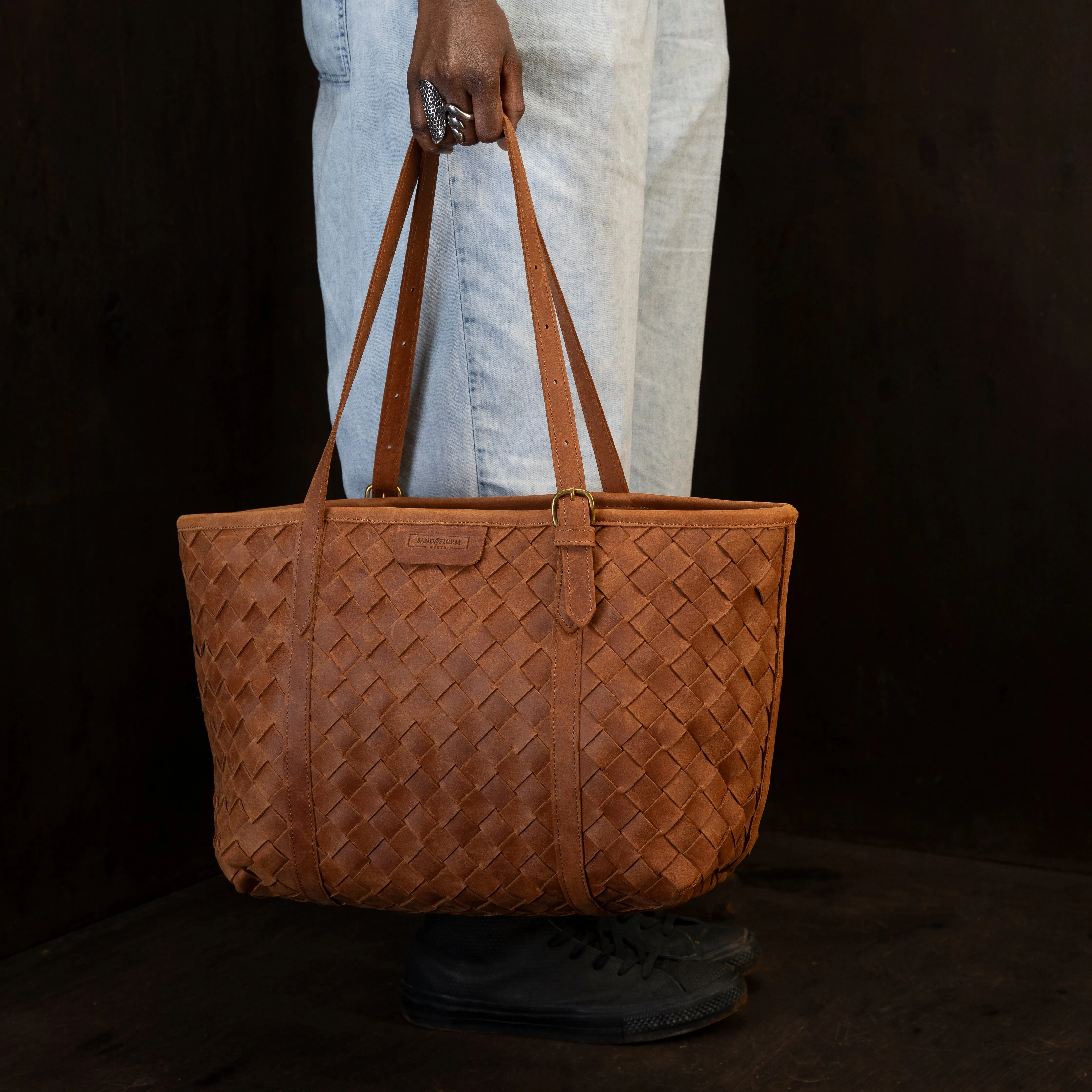Pull-up Leather Woven Tote