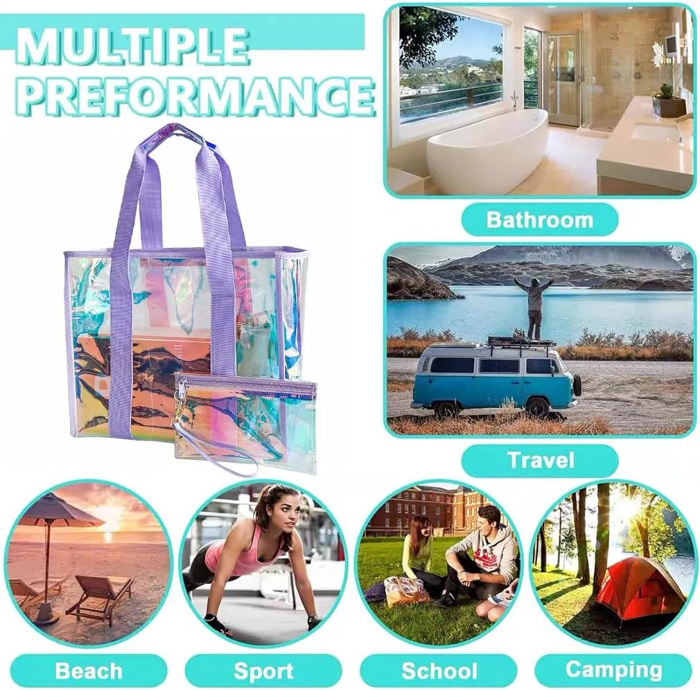 PVC Waterproof Holographic Colorful Tote Handbag with Small Mobile Phone Bag for Beach, Travel and Shopping0.4MM