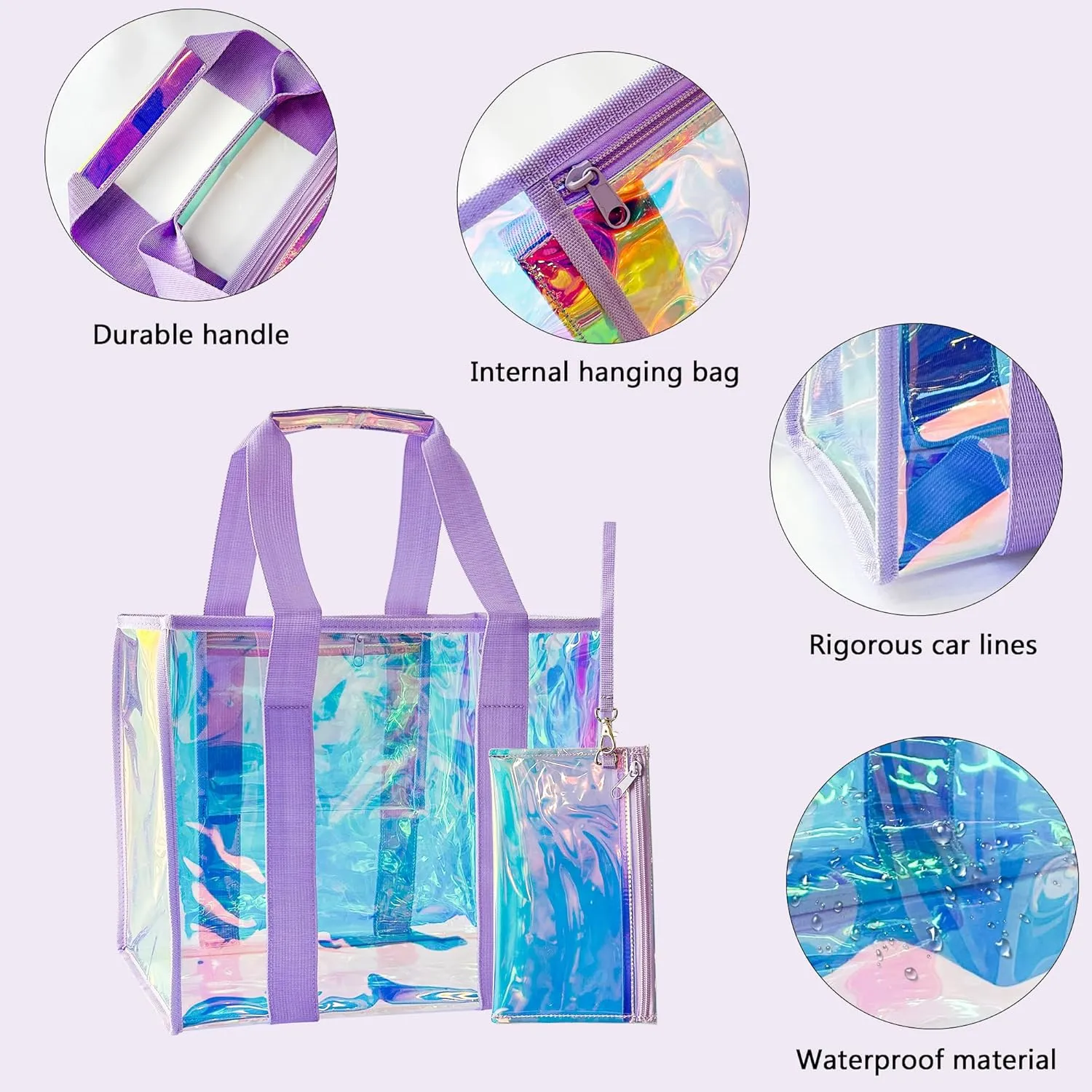 PVC Waterproof Holographic Colorful Tote Handbag with Small Mobile Phone Bag for Beach, Travel and Shopping0.4MM
