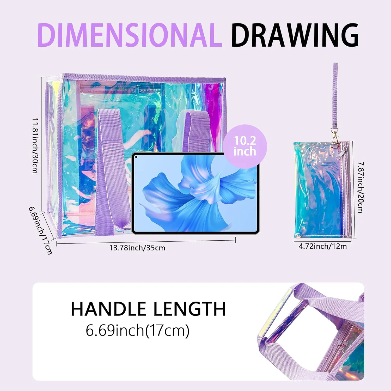 PVC Waterproof Holographic Colorful Tote Handbag with Small Mobile Phone Bag for Beach, Travel and Shopping0.4MM