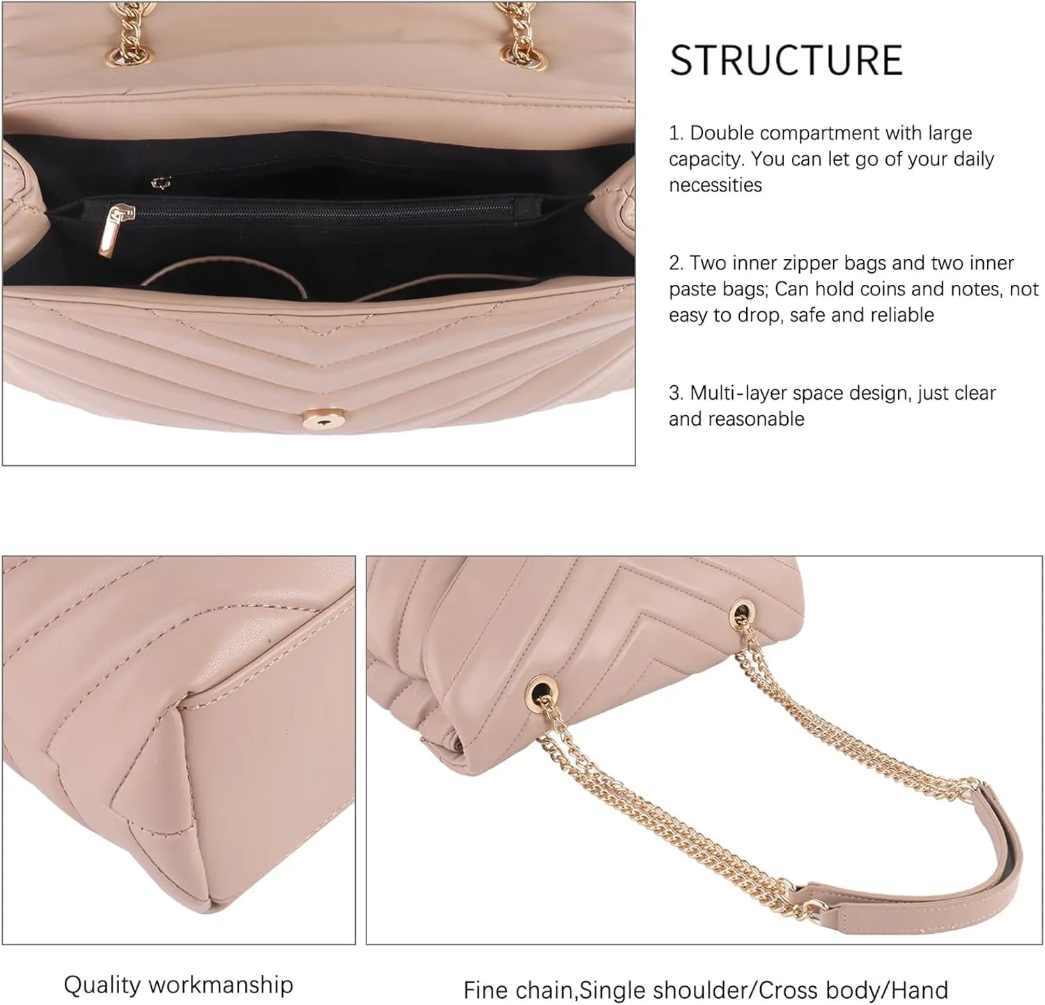 Quilted Crossbody Bag for Women, Soft Vegan Chevron Purses, Trendy Shoulder Handbags with Flap