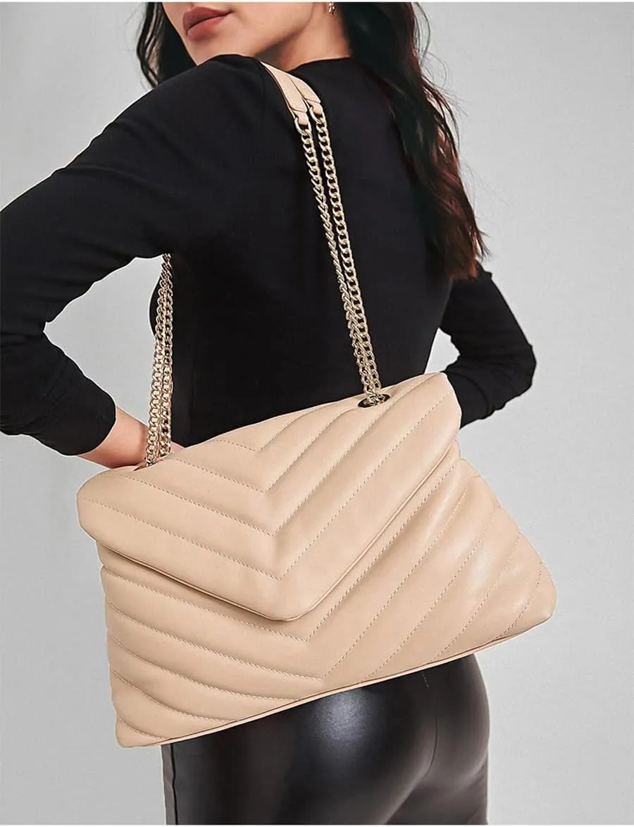 Quilted Crossbody Bag for Women, Soft Vegan Chevron Purses, Trendy Shoulder Handbags with Flap