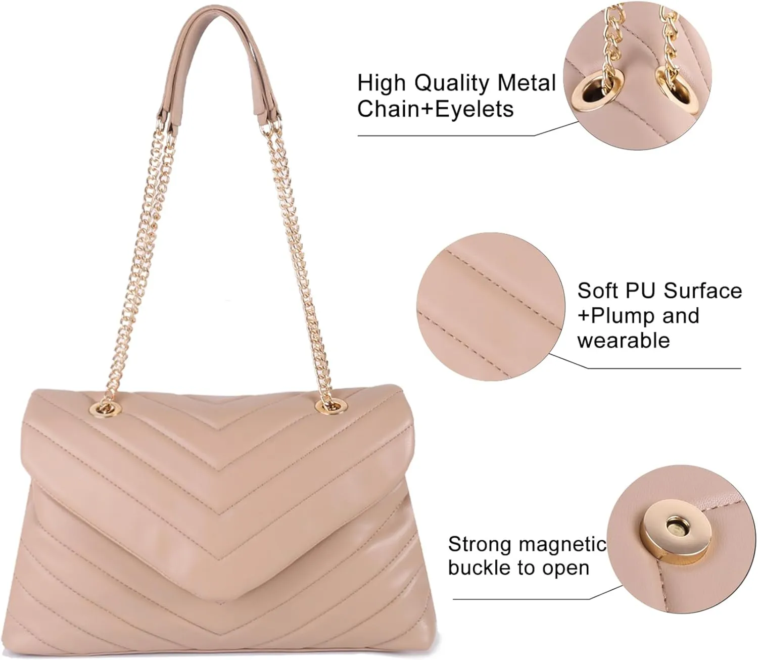 Quilted Crossbody Bag for Women, Soft Vegan Chevron Purses, Trendy Shoulder Handbags with Flap
