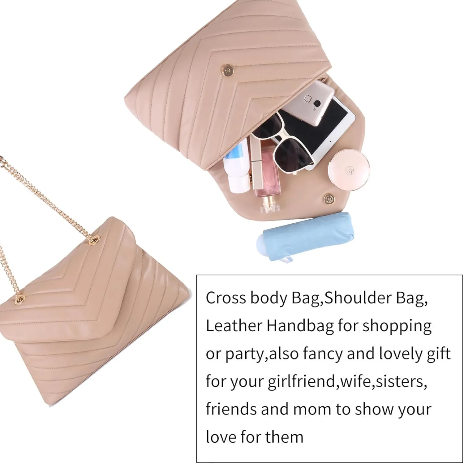 Quilted Crossbody Bag for Women, Soft Vegan Chevron Purses, Trendy Shoulder Handbags with Flap