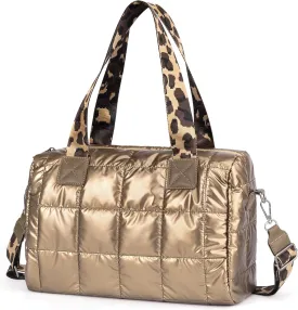 Quilted Gold Crossbody Tote Bag, Puffy Purses Top Handle Handbags, Puffer Shoulder Bag for Women