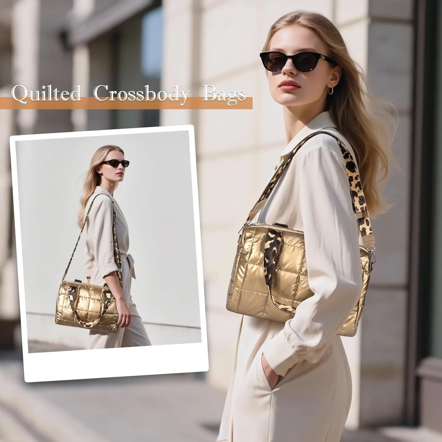 Quilted Gold Crossbody Tote Bag, Puffy Purses Top Handle Handbags, Puffer Shoulder Bag for Women