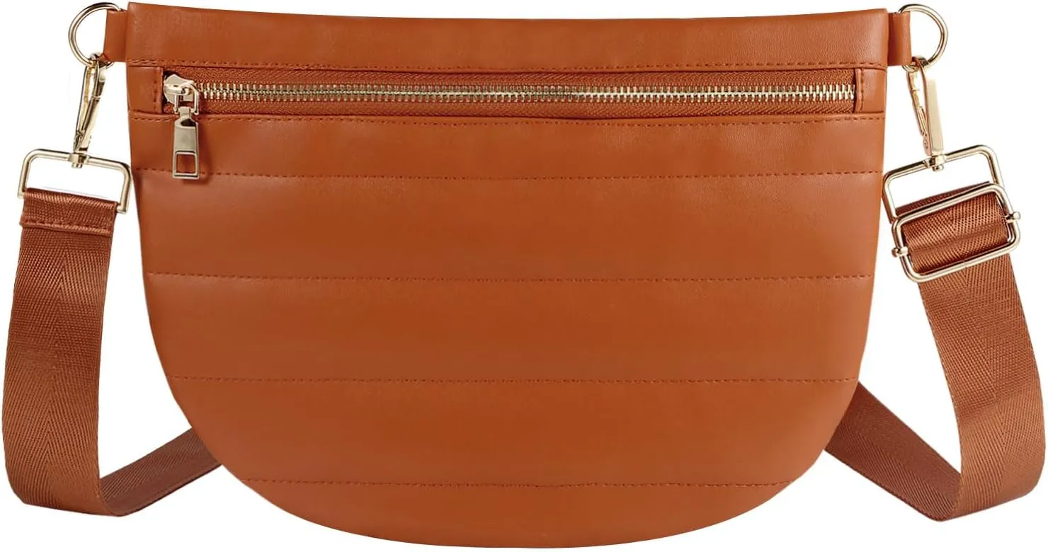 Quilted Puffer Leather Belt Bag for Women Puffer Crossbody Bags Puffy Sling Belt Bag Fanny Pack Bum Waist Chest Shoulder Bag for Women-Brown