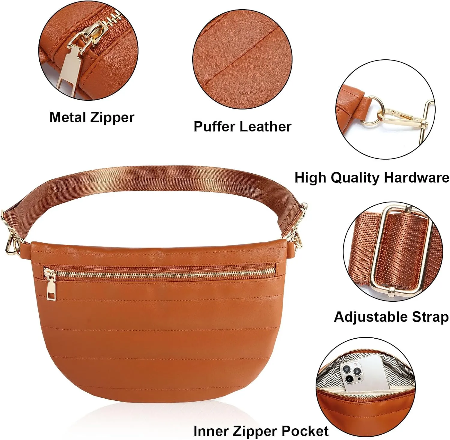 Quilted Puffer Leather Belt Bag for Women Puffer Crossbody Bags Puffy Sling Belt Bag Fanny Pack Bum Waist Chest Shoulder Bag for Women-Brown
