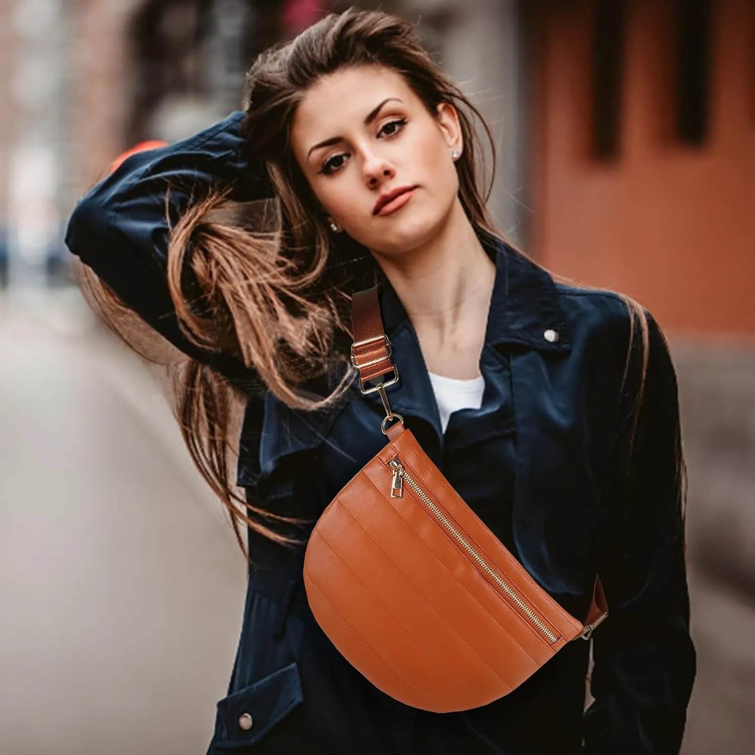 Quilted Puffer Leather Belt Bag for Women Puffer Crossbody Bags Puffy Sling Belt Bag Fanny Pack Bum Waist Chest Shoulder Bag for Women-Brown