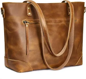 S-ZONE Genuine Leather Tote Bag for Women Work Shoulder Crossbody Purses Handbag with Outside Pockets