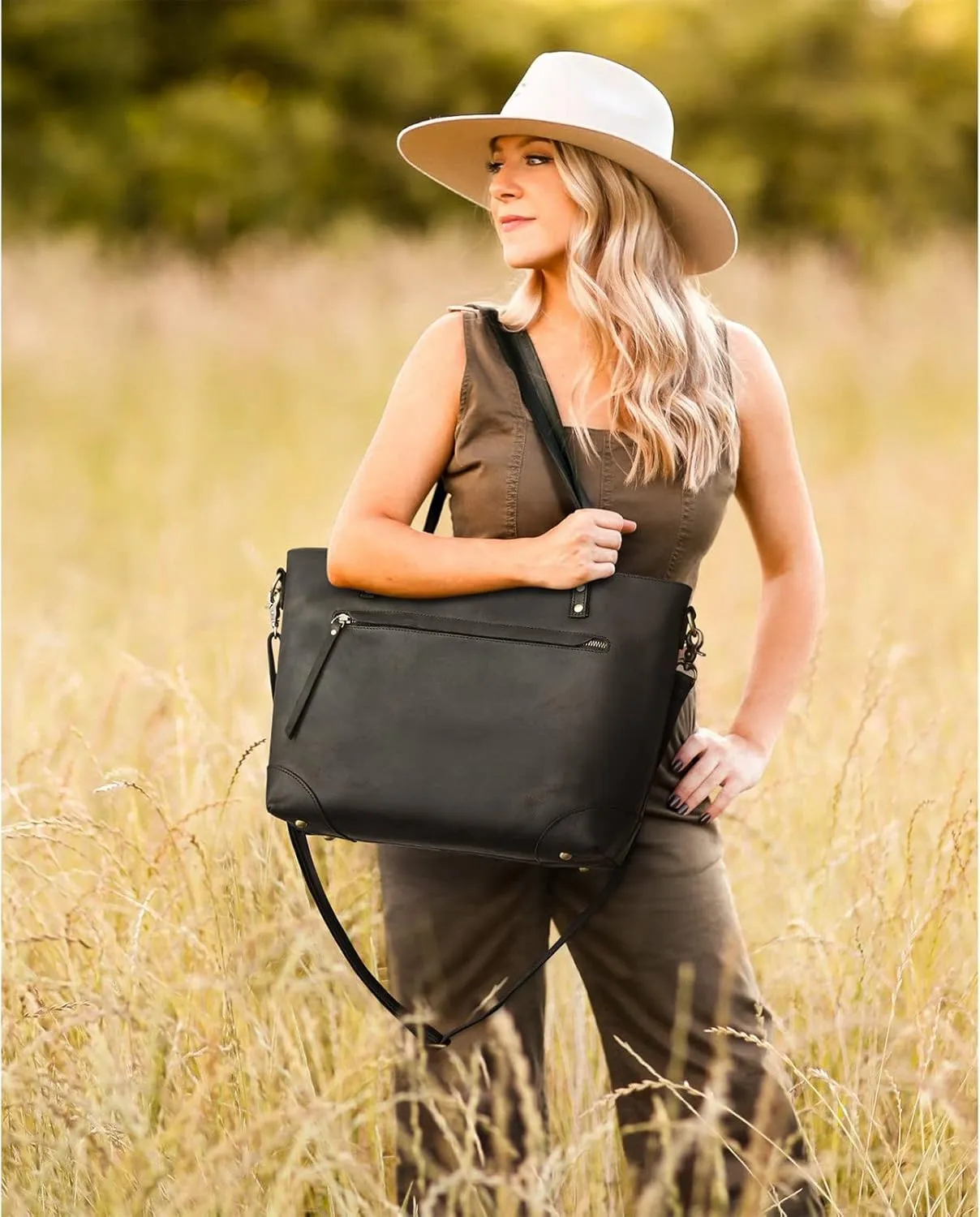 S-ZONE Genuine Leather Tote Bag for Women Work Shoulder Crossbody Purses Handbag with Outside Pockets