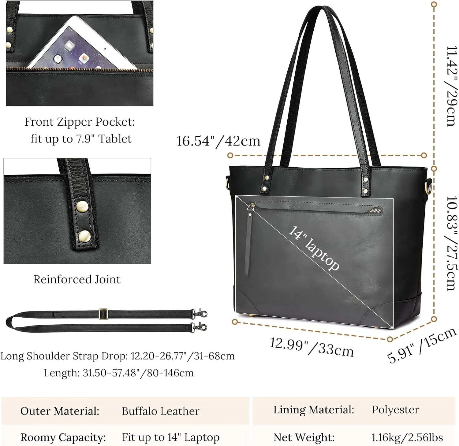 S-ZONE Genuine Leather Tote Bag for Women Work Shoulder Crossbody Purses Handbag with Outside Pockets