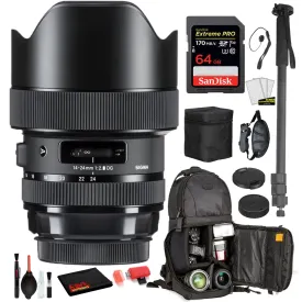 Sigma 14-24mm f/2.8 DG HSM Art Lens for Nikon F with Bundle: Sandisk extreme Pro 64gb SD Card, Sling Backpack   More