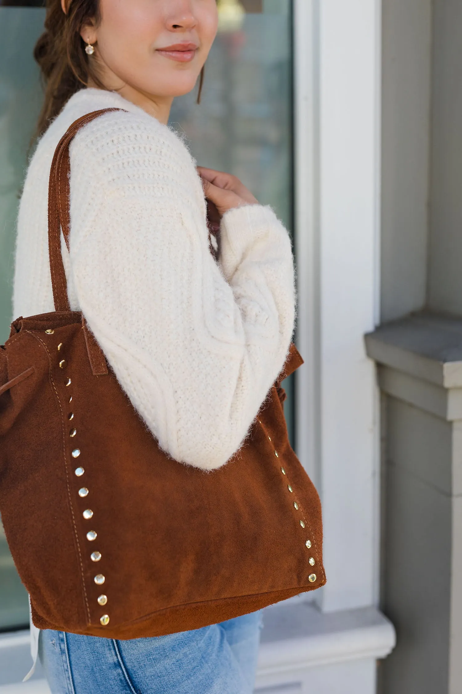The Rimiano Suede Leather Studded Tote Bag