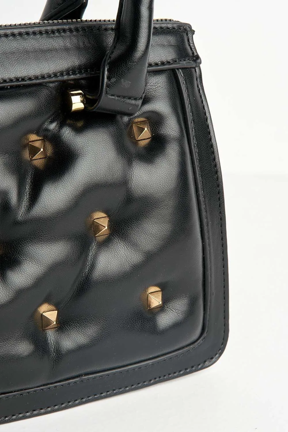 Varia Stud Detail Quilted Top Handle Mini Bag in Black