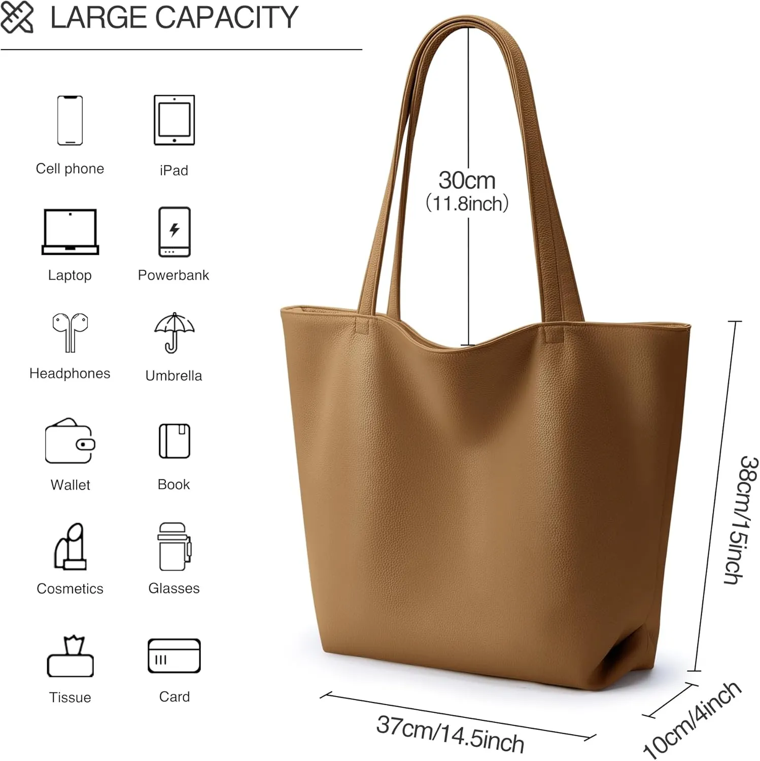 WLLWOO WLLWOO Soft PU Leather Tote Bag for Women Large Casual Hobo Handbags with Zipper Shoulder Work Bag Travel Purse