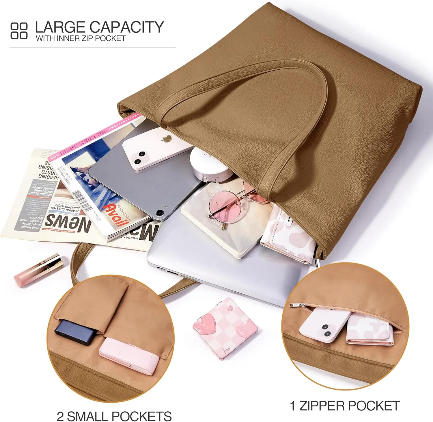 WLLWOO WLLWOO Soft PU Leather Tote Bag for Women Large Casual Hobo Handbags with Zipper Shoulder Work Bag Travel Purse