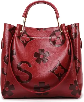 Women's Top Handle Handbags Leather Tote Bag for Women Trendy Bucket Bag Floral Embossed Shoulder Satchel Purses