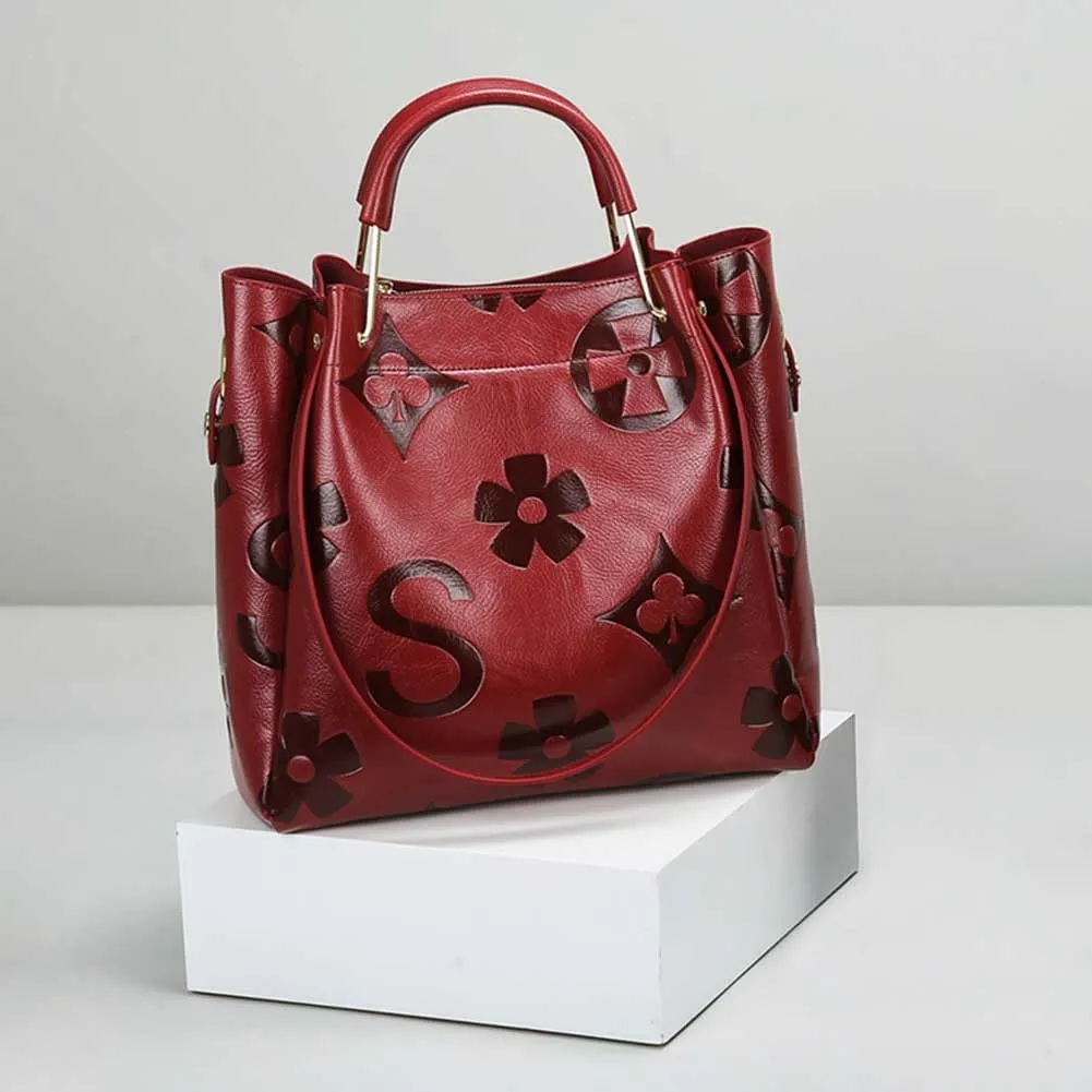 Women's Top Handle Handbags Leather Tote Bag for Women Trendy Bucket Bag Floral Embossed Shoulder Satchel Purses