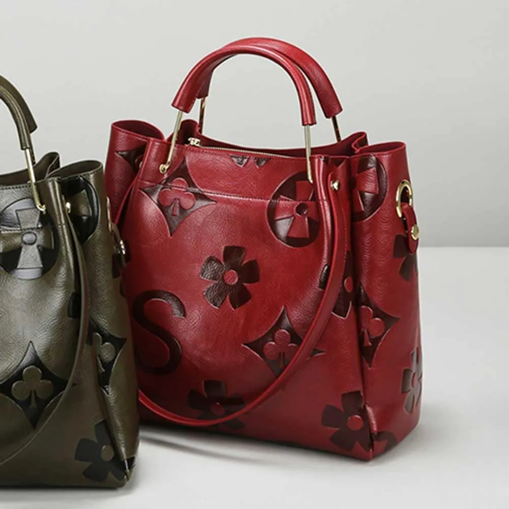 Women's Top Handle Handbags Leather Tote Bag for Women Trendy Bucket Bag Floral Embossed Shoulder Satchel Purses