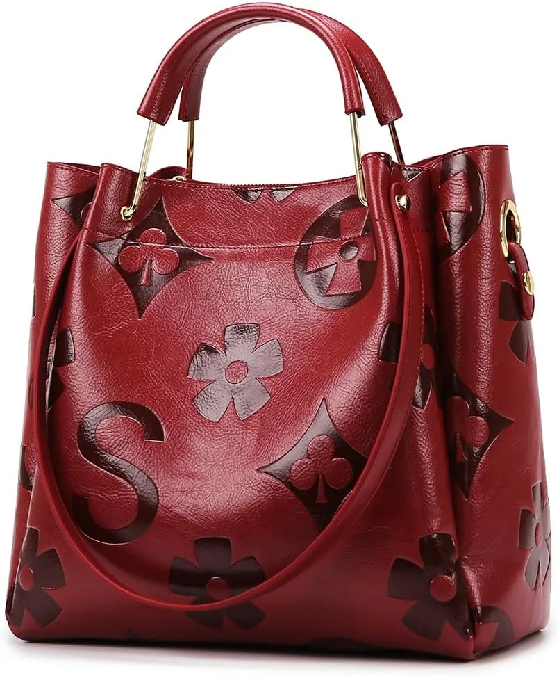 Women's Top Handle Handbags Leather Tote Bag for Women Trendy Bucket Bag Floral Embossed Shoulder Satchel Purses