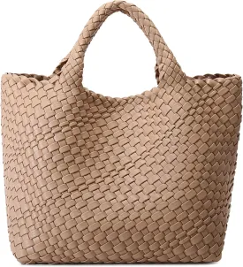 Woven Bag for Women, Vegan Leather Tote Bag Large Summer Beach Travel Handbag and Purse Retro Handmade Shoulder Bag