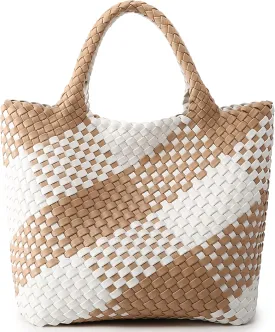 Woven Bag for Women, Vegan Leather Tote Bag Large Summer Beach Travel Handbag and Purse Retro Handmade Shoulder Bag