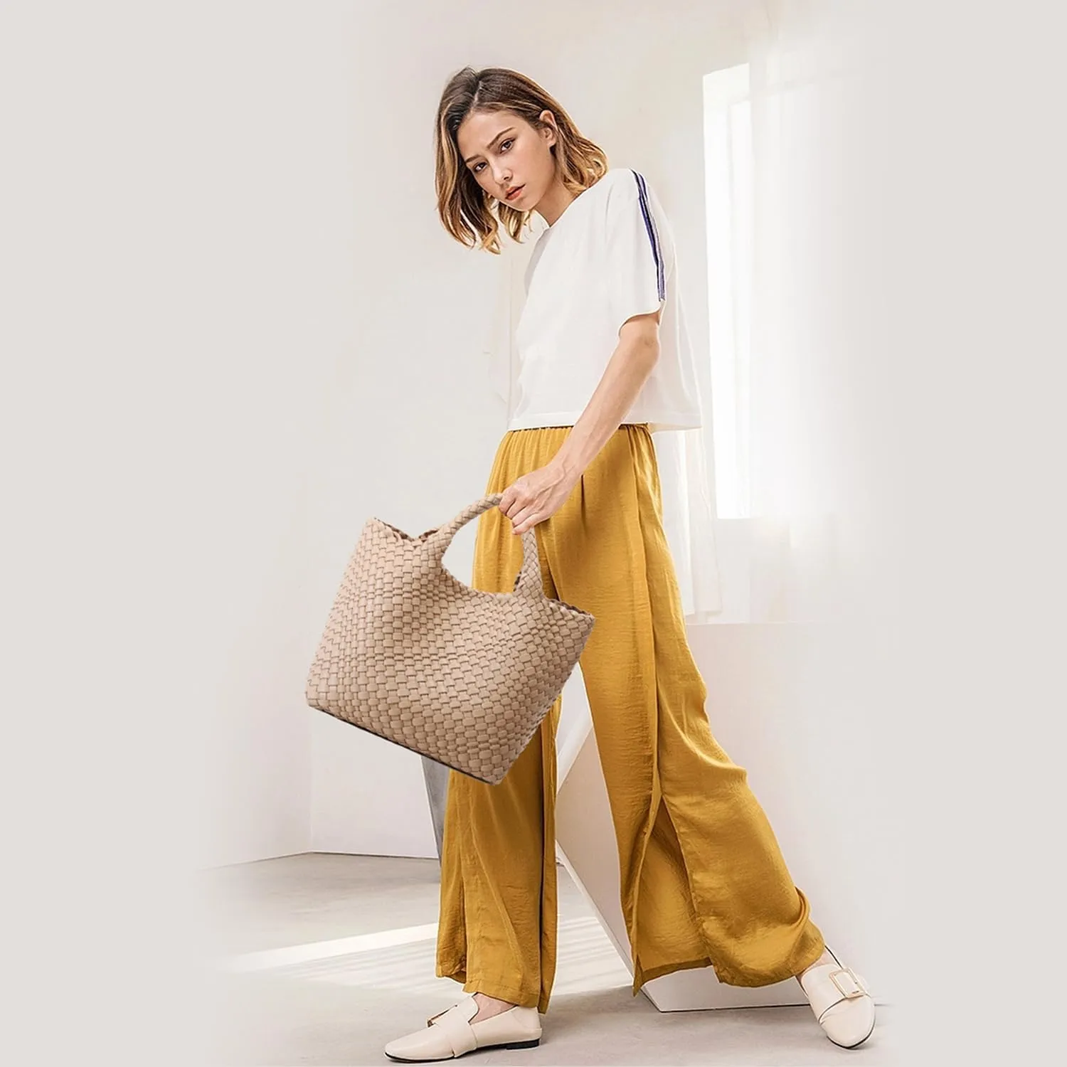 Woven Bag for Women, Vegan Leather Tote Bag Large Summer Beach Travel Handbag and Purse Retro Handmade Shoulder Bag