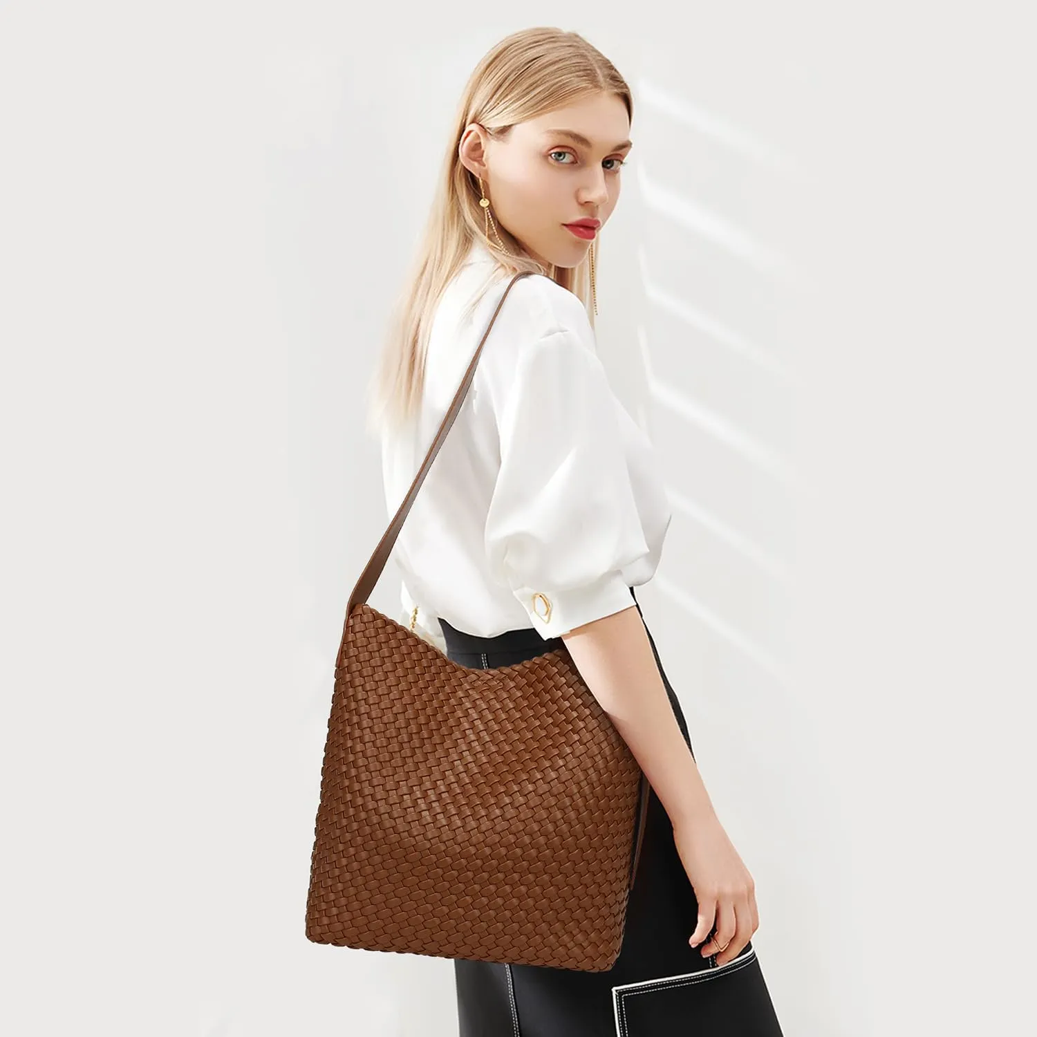 Woven Shoulder Bag for Women, Vegan Leather Tote Bag Large Summer Beach Handmade Satchel Travel Handbag