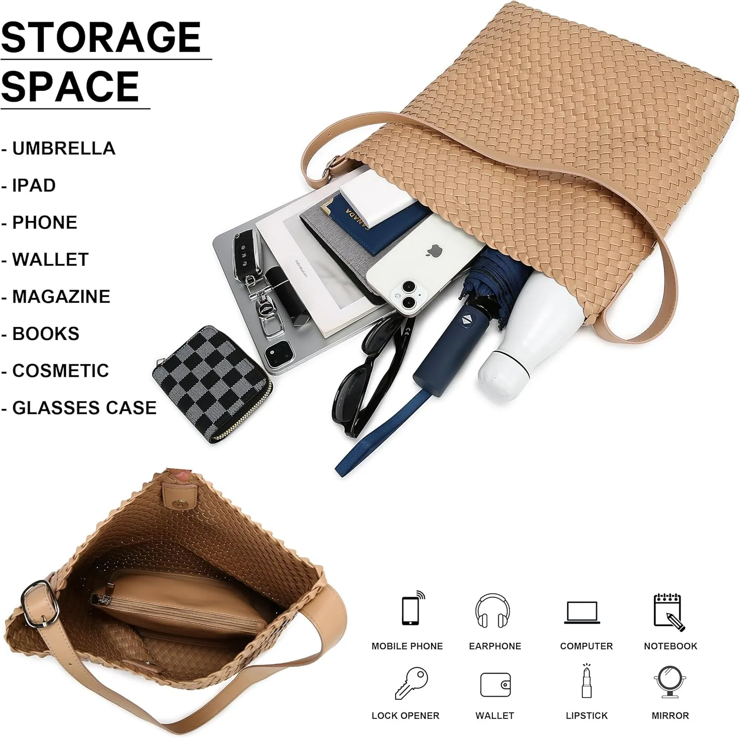 Woven Shoulder Bag for Women, Vegan Leather Tote Bag Large Summer Beach Handmade Satchel Travel Handbag