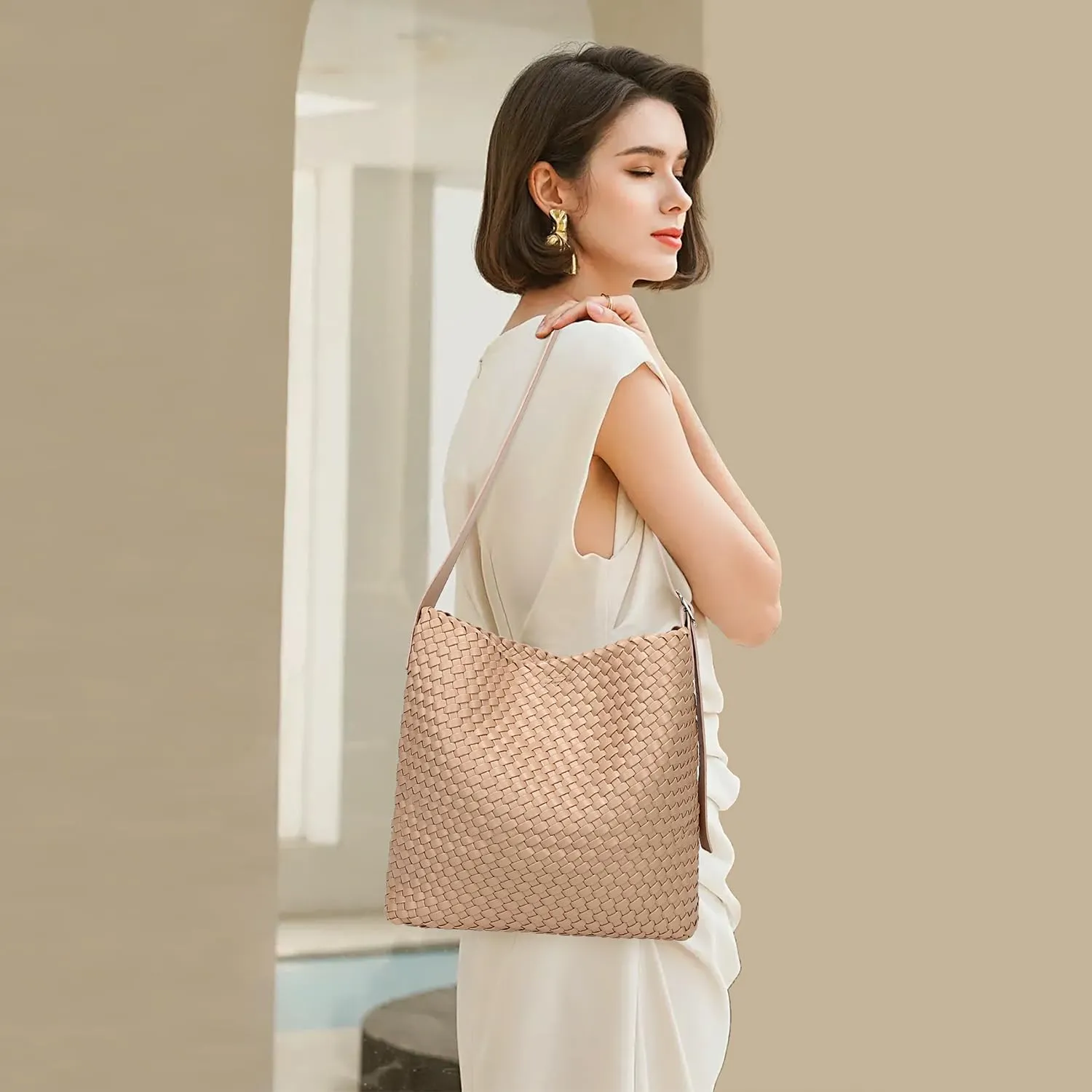 Woven Shoulder Bag for Women, Vegan Leather Tote Bag Large Summer Beach Handmade Satchel Travel Handbag