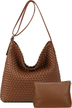 Woven Shoulder Bag for Women, Vegan Leather Tote Bag Large Summer Beach Handmade Satchel Travel Handbag
